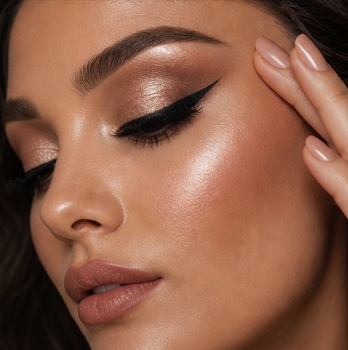 Close-up full glam eye makeup with winged liner
