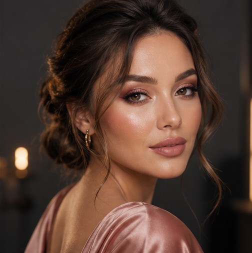 Soft rose glam makeup with luminous skin